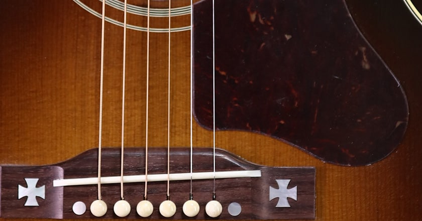 Bridge view of J-185 Vintage Series guitar, mother-of-pearl, appointments