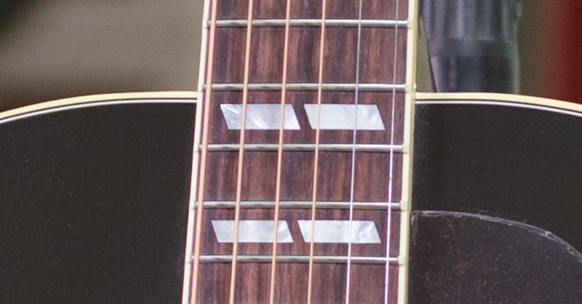 Neck view of J-185 Vintage Series guitar, SlimTaper mahogany neck