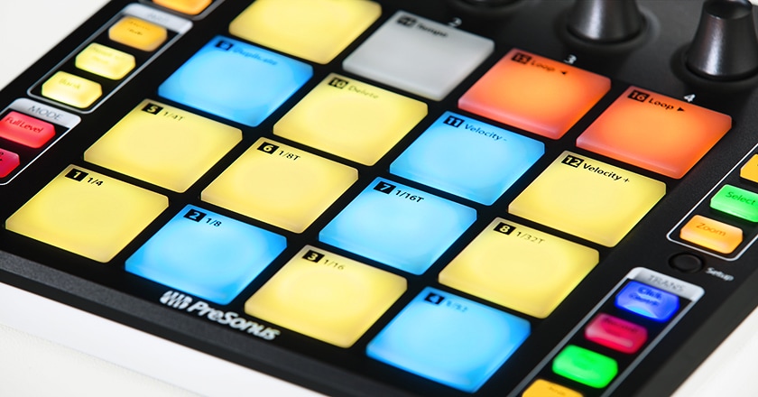 Close-up of Presonus ATOM RGB pads