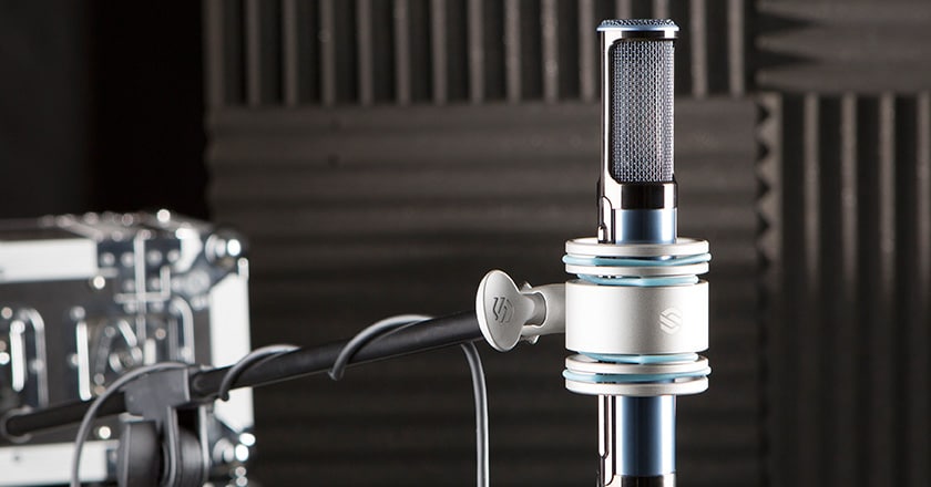 The Sterling ST170 Microphone in its Shockmount on a Microphone Stand