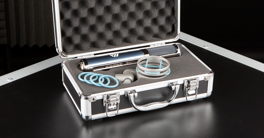 The Sterling ST170 Microphone Pictured in Its Rugged Aluminum Carry Case with the SM5 Shockmount