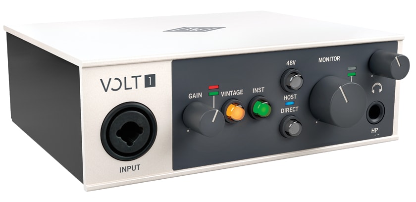 The Volt 1 audio interface employs emulation circuity to capture the warm sound of a vintage UA 610 tube preamp.