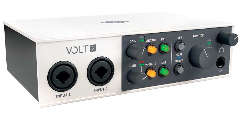 The Volt 2 interface employs emulation circuity to capture the warm sound of a vintage UA 610 tube preamp.