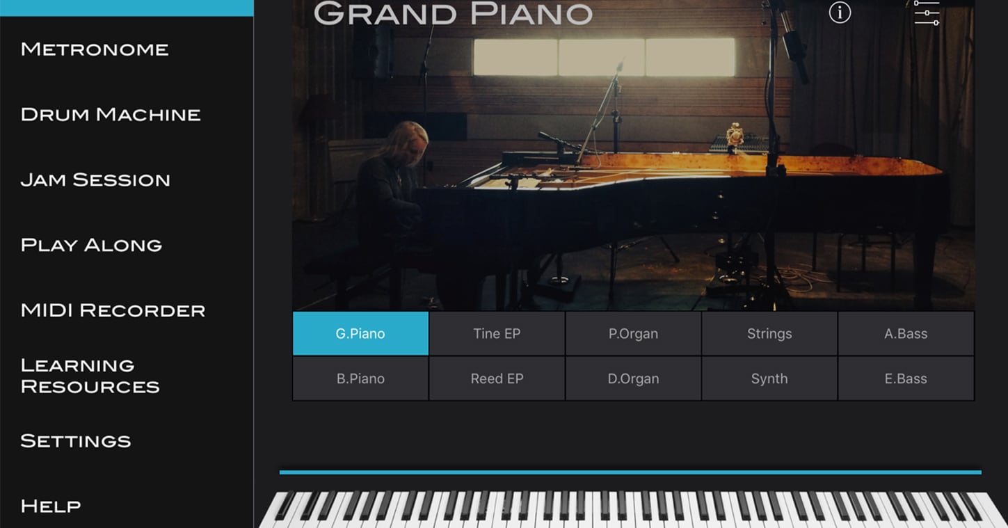The free Williams iOS app lets you play with a drum machine, metronome and jam tracks on the Allegro III digital piano.