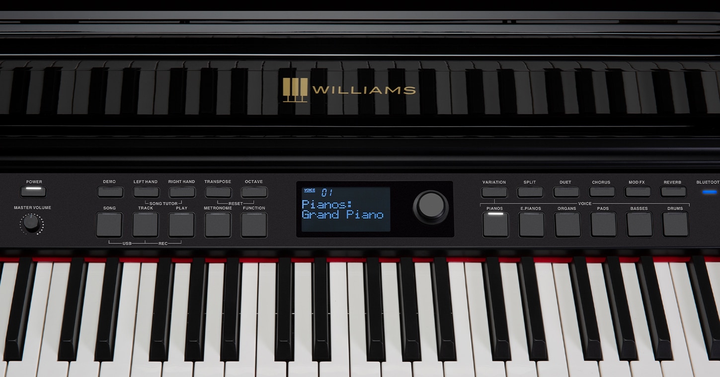 The Williams Overture III has bluetooth wireless MIDI and audio, 4 built-in sparks, and 240 voice polyphony.