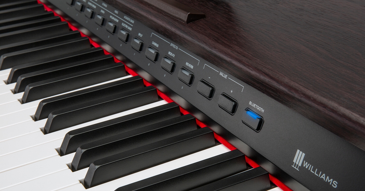 The Williams Rhapsody III digital piano has 12 sounds, including pianos, organs, strings, upright bass, vibes and more.