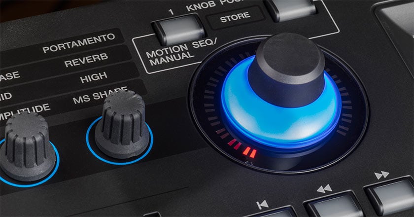 Close-up detail of the MODX6 super knob motion control.